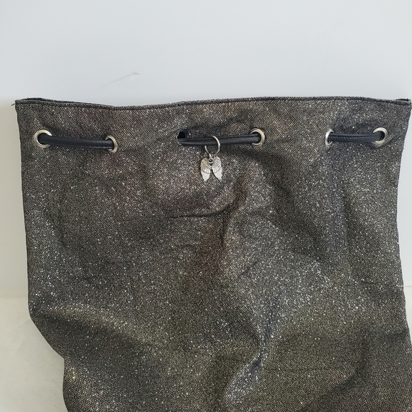 Victoria's Secret VS Bucket Backpack Black Silver Glitter Drawstring Tote Bag - Picture 9 of 13